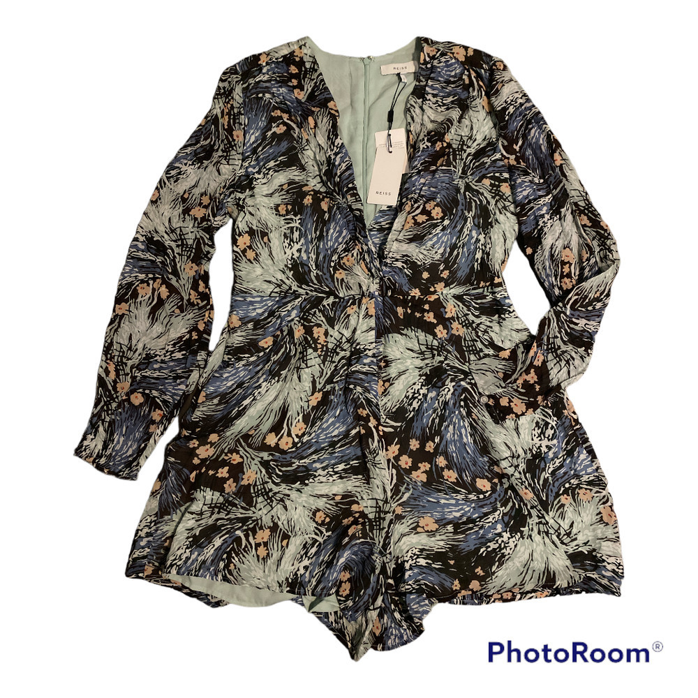 Reiss Floral Swirl Print Long-Sleeve Romper in Black, Blue & Mint
